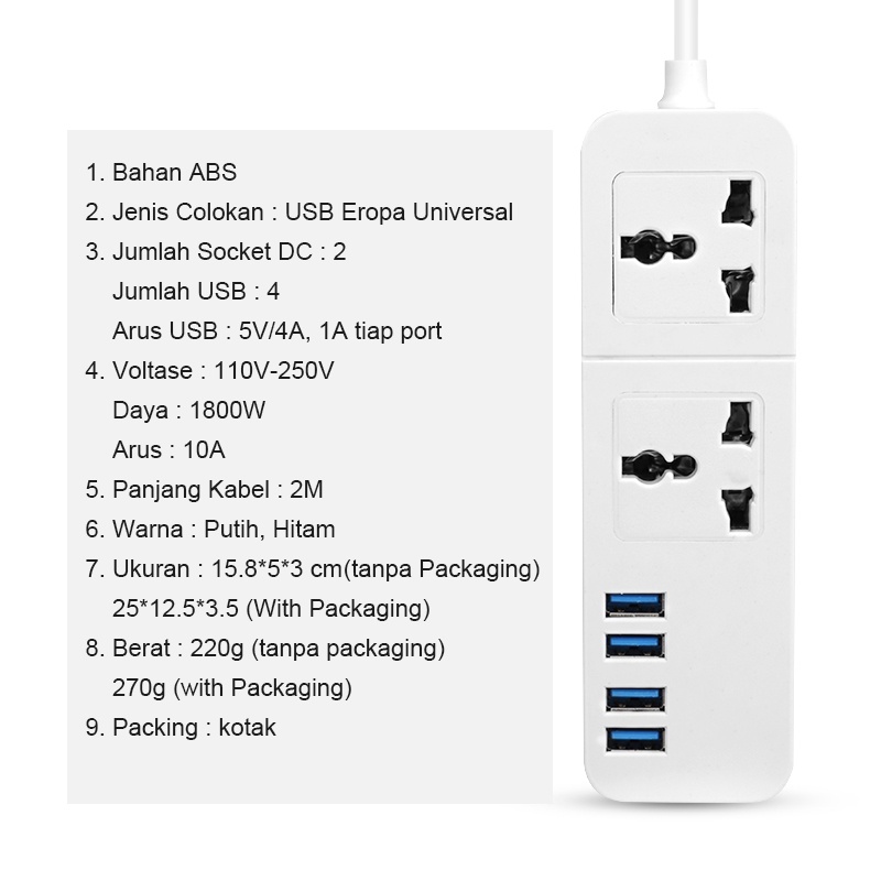 Safety Stop Kontak/Power Strip 2 Soket +4 Smart USB Port Universal Hitam/Putih