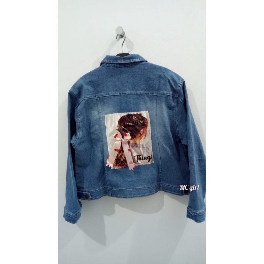 MC girl - Jaket Jeans Gambar Belakang Wanita / Jacket Denim Polos Sequin Gambar Pita 3D Cewek