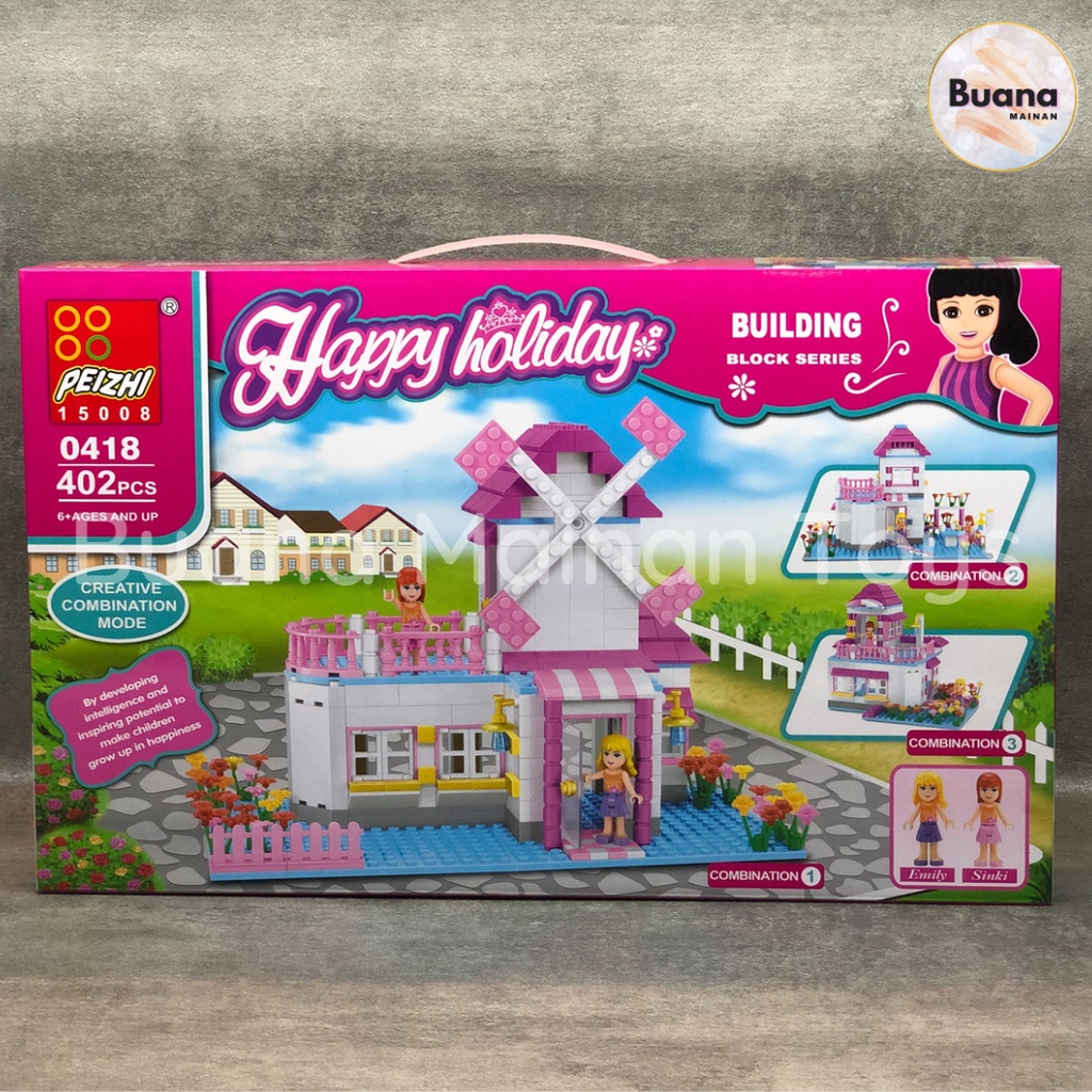 BRICKS PEIZHI HAPPY HOLIDAY 0418 RUMAH KINCIR ANGIN MAINAN EDUKASI ANAK CEWE PEREMPUAN BRICK BALOK PRINCESS