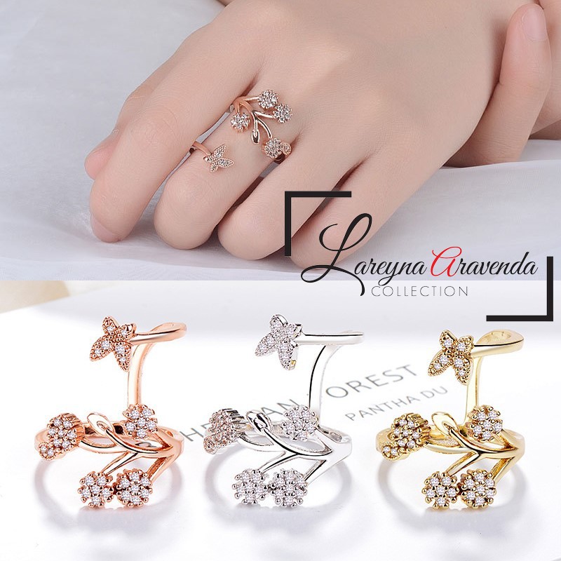 Cincin 2 Baris Wanita Titanium Model Butterfly &amp; Flower Kristal Crystal Swarovski CC044