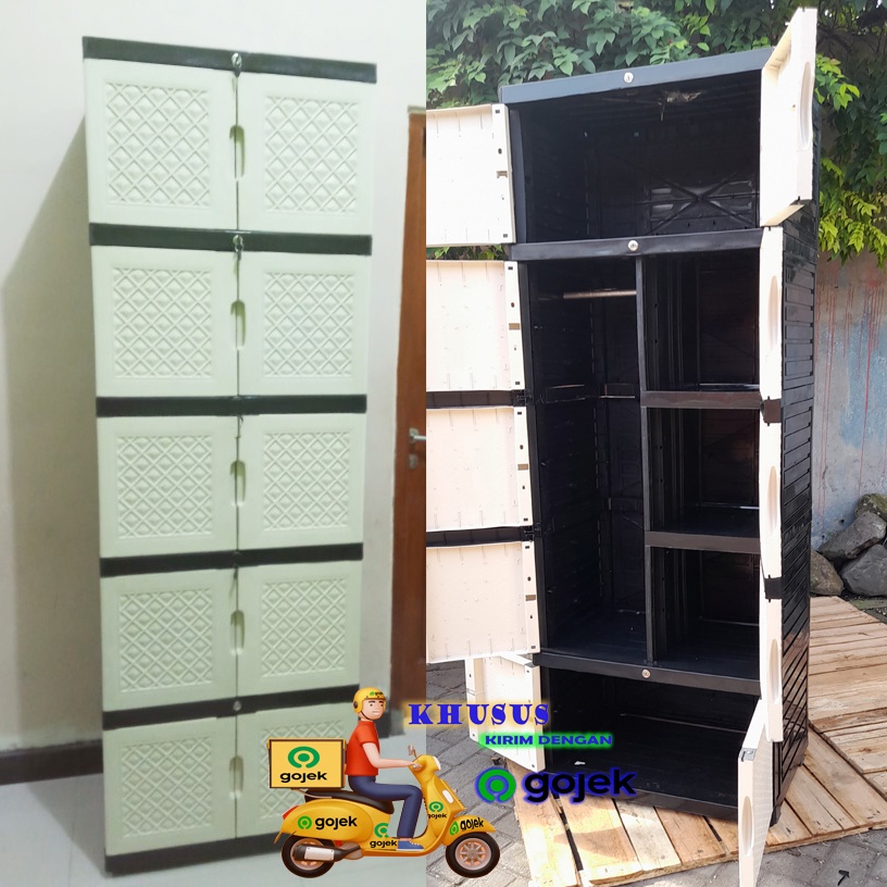 Lemari Plastik Aquose JUMBO GANTUNGAN motif ROTAN Susun 5 full kunci [KHUSUS JASA KIRIM GOJEK] MURAH