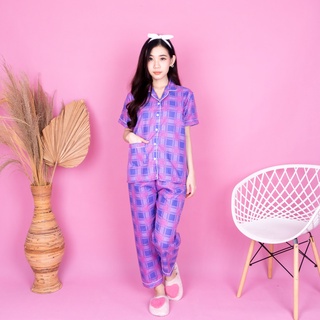 SF - Setelan Piyama Baju Tidur Wanita Lengan Pendek Panjang Guilen Kotak Pajamas Cewek Dewasa Kekinian-CP GUILEN UNGU