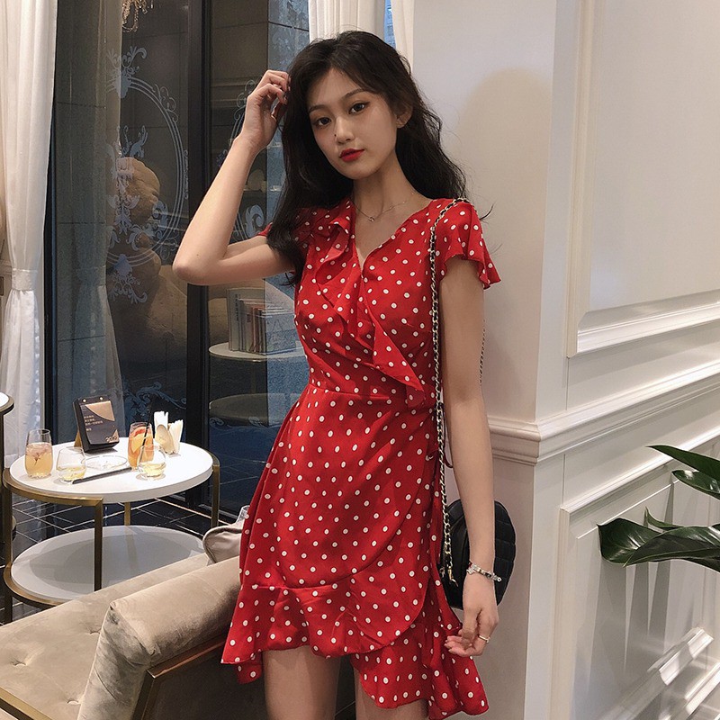 Gaun Casual Wanita Model Ikatan Tali Lengan Pendek Dengan Kerah V Neck Dan Ruffle Bahan Sifon Shopee Indonesia