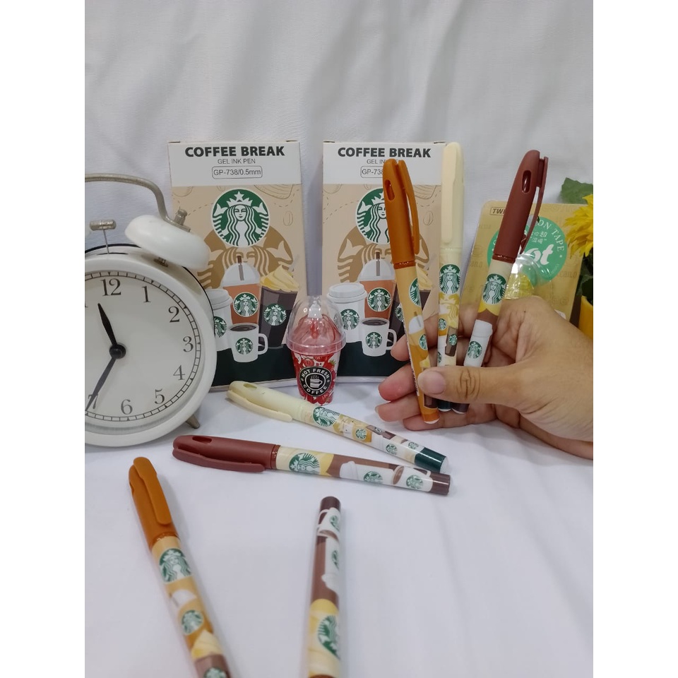 PULPEN GEL STARBUCK LUCU TINTA HITAM READY 2/4/6/12 PCS HARGA TERMURAH PENA GEL MOTIF COFFEE BREAK WARNA COKELAT KETEBALAN 0,5 MM LIMITED EDITION BISA COD