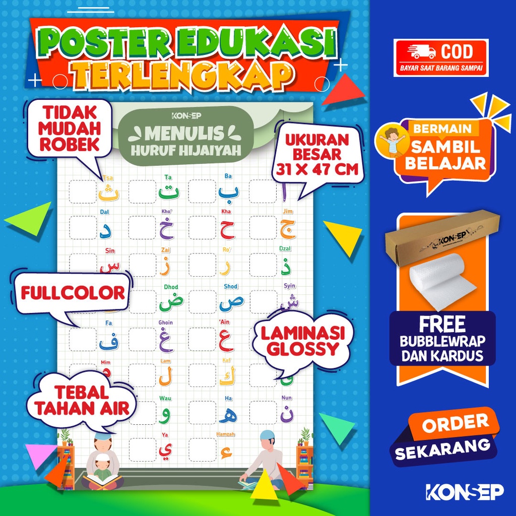 Konsep Poster Edukasi Pendidikan Anak Belajar Menulis Huruf Hijaiyah Paud Balita TK Toodler SD Laminasi Glossy Tahan Air