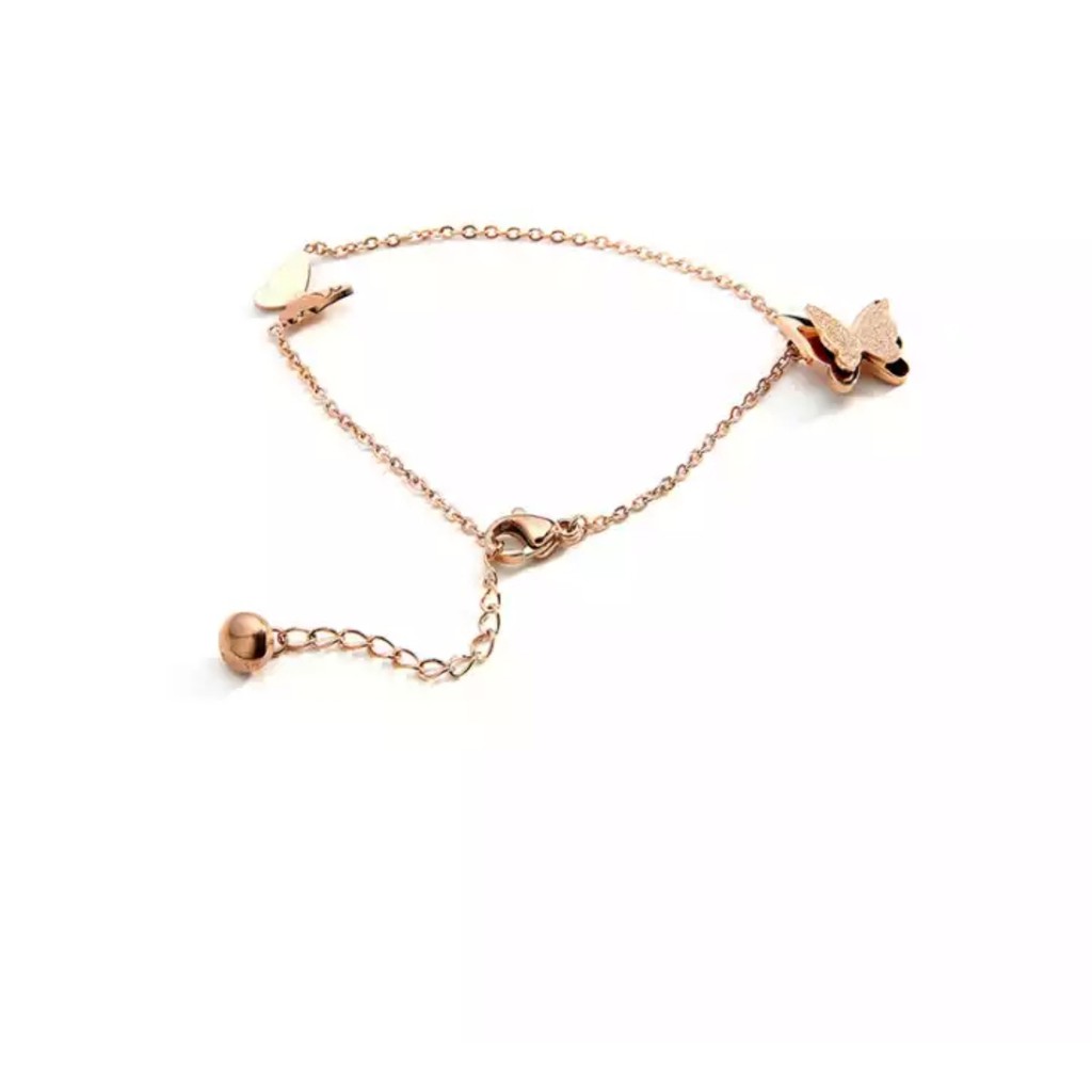 Gelang Tangan Titanium Aksen 2 Kupu - Kupu Warna Rosegold, Gold dan Silver