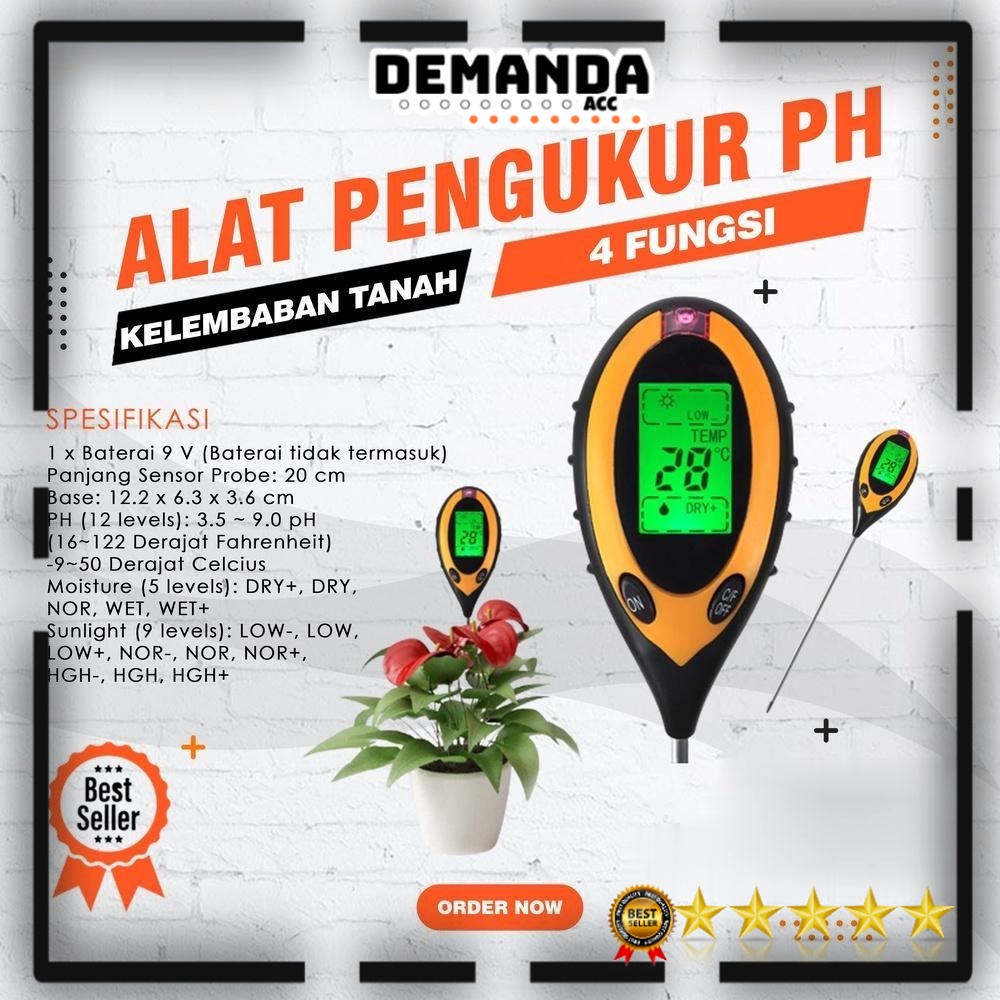 Alat Pengukur Kesuburan Tanah | 4 in 1 Temperature &amp; Kelembaban Tanah Soil Moist PH Analyzer - Black