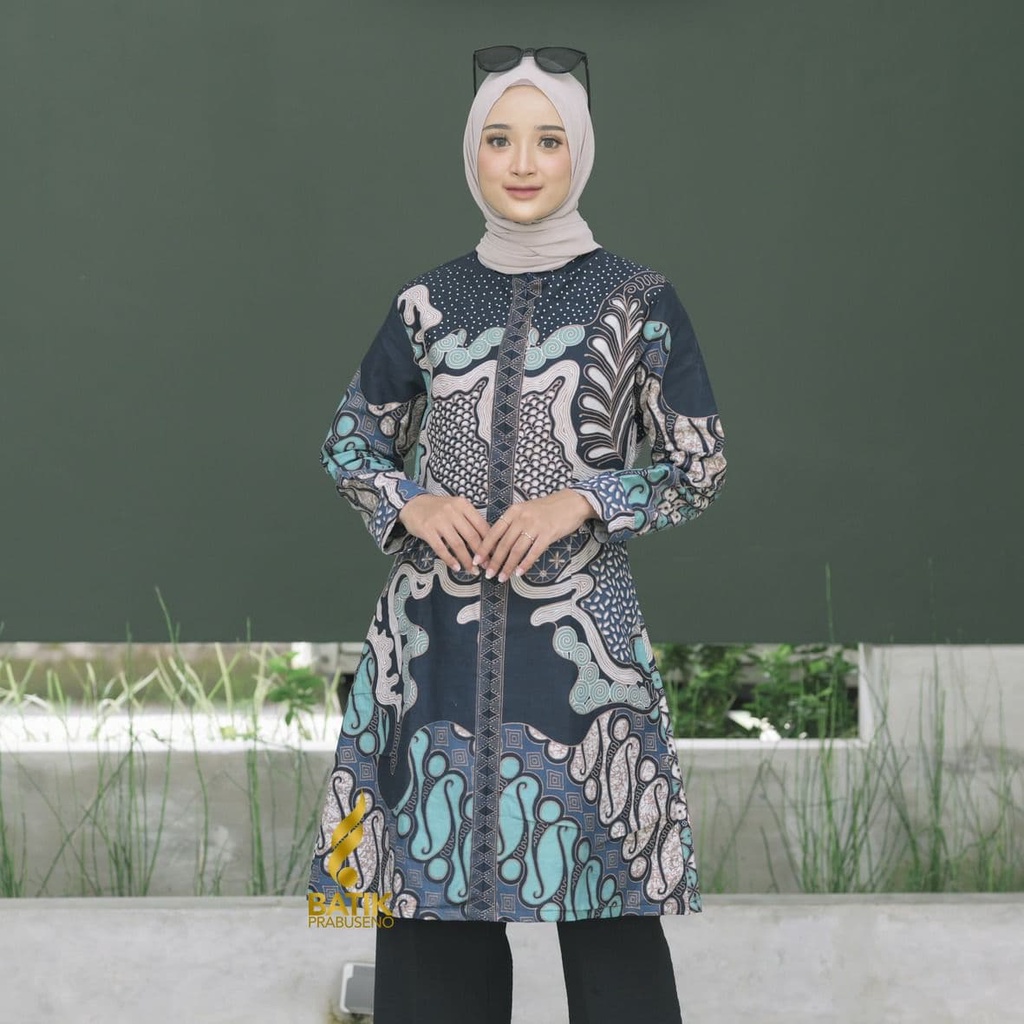 Atasan Tradisional Batik Prabuseno Original Motif ARISTA NAVY Tunik Batik Wanita Lengan Panjang Model kekinian stylish dan elegan cocok buat kerja ngantor dan kondangan.