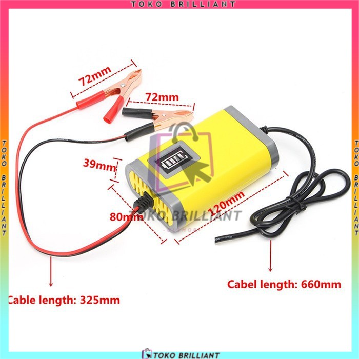 Charger Aki Portable 12V 2A Casan Accu Motor Mobil Sparepart Motor Listrik Colokan Indikator LED