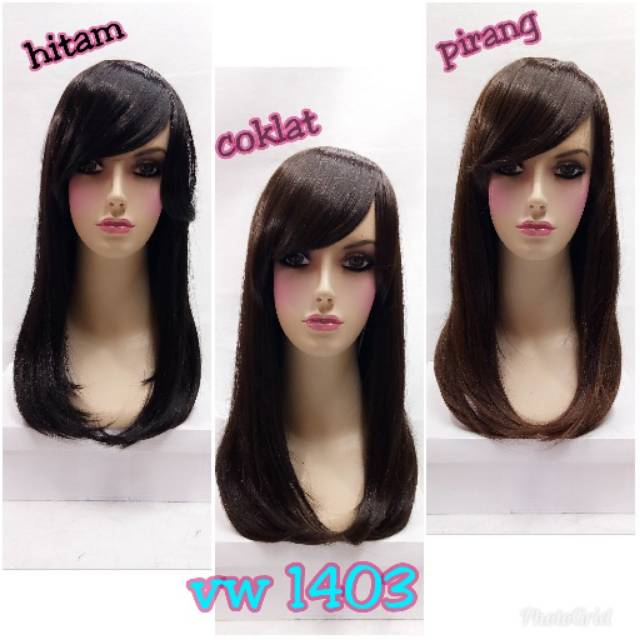 WIG WANITA CEWEK PANJANG LURUS WIG KOREA NATURAL PONI SAMPING RAMBUT ASLI HITAM COKLAT PIRANG 1403