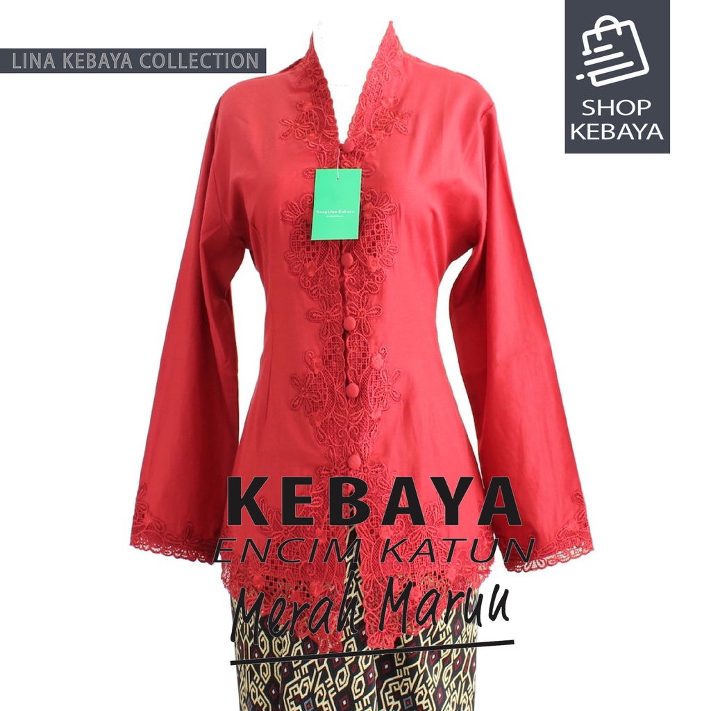 Kebaya Encim Kartini Katun Bordir Modern Merah Marun Lengan Panjang
