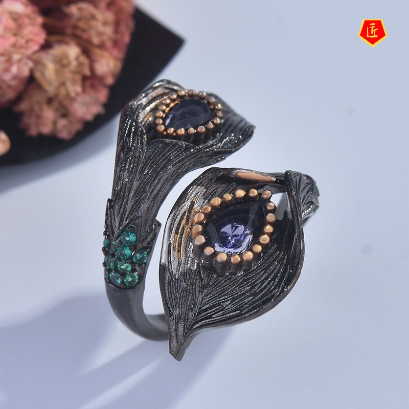 [Ready Stock]Gothic Style Black Gold Common Calla Leaf Two-Tone Ring