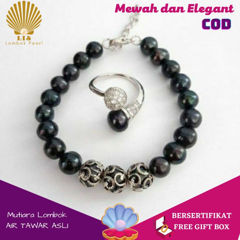 MUTIARA LOMBOK GELANG CINCIN MUTIARA AIR TAWAR WARNA HITAM AGC05