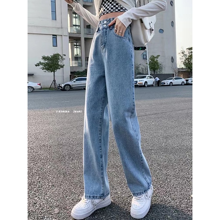 High Waist Loose Straight Korean Style Kulot Bagy Boyfriend Celana Panjang Jeans Wanita