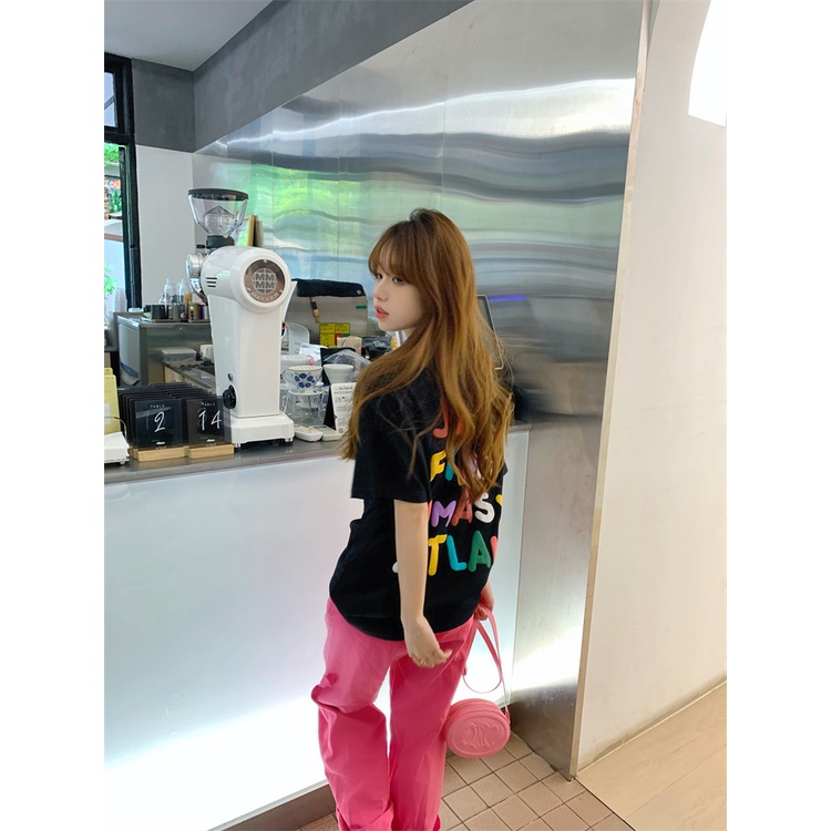 [100%  Katun]Colour Letters Kaos Oversize Kekinian Lengan Pendek Korean Style Printed T-shirt Baju Wanita Hitam