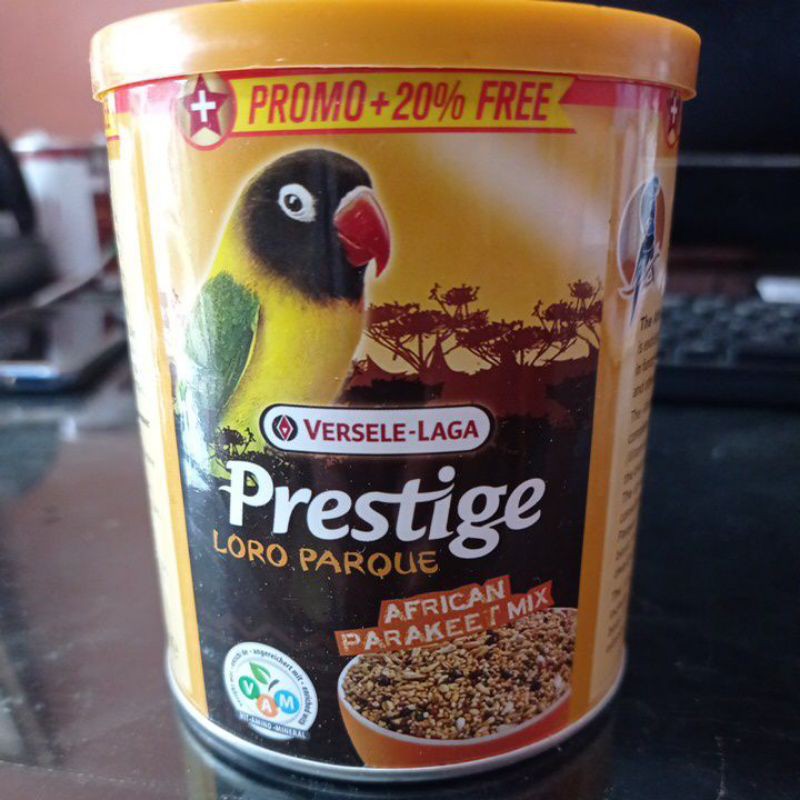 pakan burung lovebird prestige lovebird kemasan kaleng import bagus sehat gacor berkicau ngekek