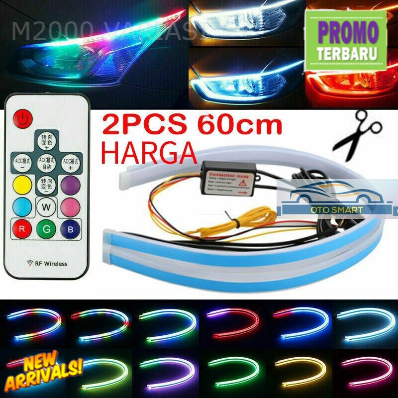 LAMPU ALIS MOBIL LED DRL HEADLAMP SLIM RGB / RAINBOW + REMOT / Sein Running 30cm 45cm 60cm 12 Volt h