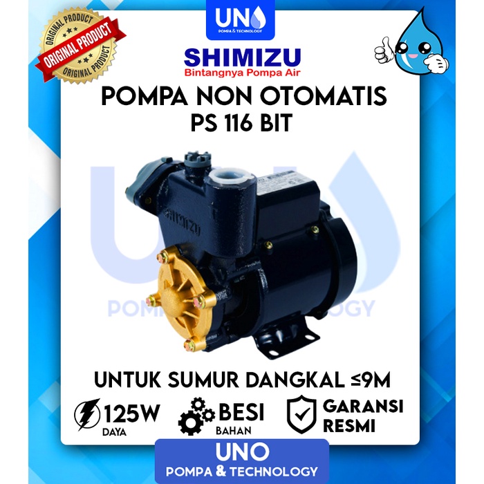 Shimizu Pompa Air Sumur Dangkal Non Auto Otomatis PS-116 BIT / PS 116 BIT / PS116BIT