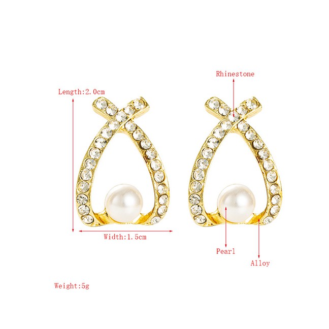 LRC Anting Tusuk Fashion Golden Geometric Cross Pearl Earrings P59680