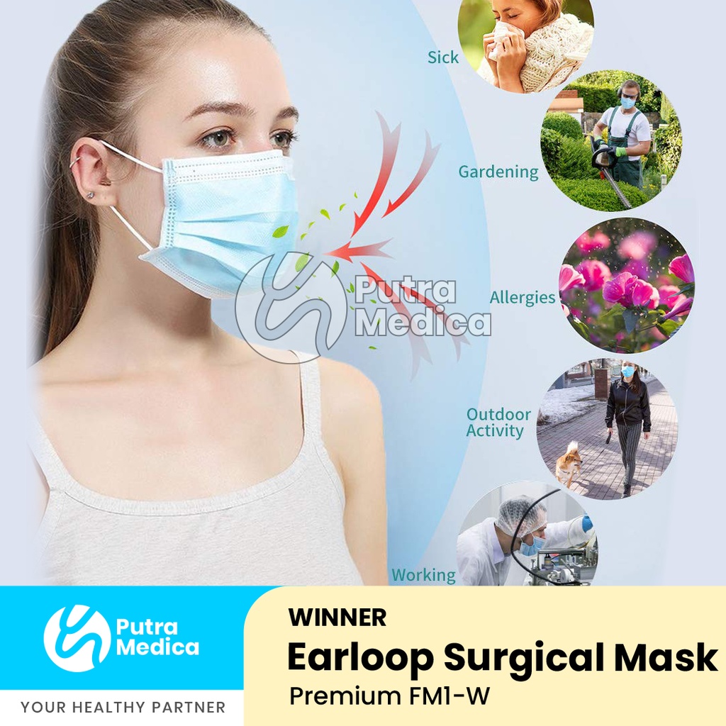 Winner Medical Premium Surgical Face Mask Earloop 3 Ply [Blue] – 1 Box / Masker Medis Penutup Hidung