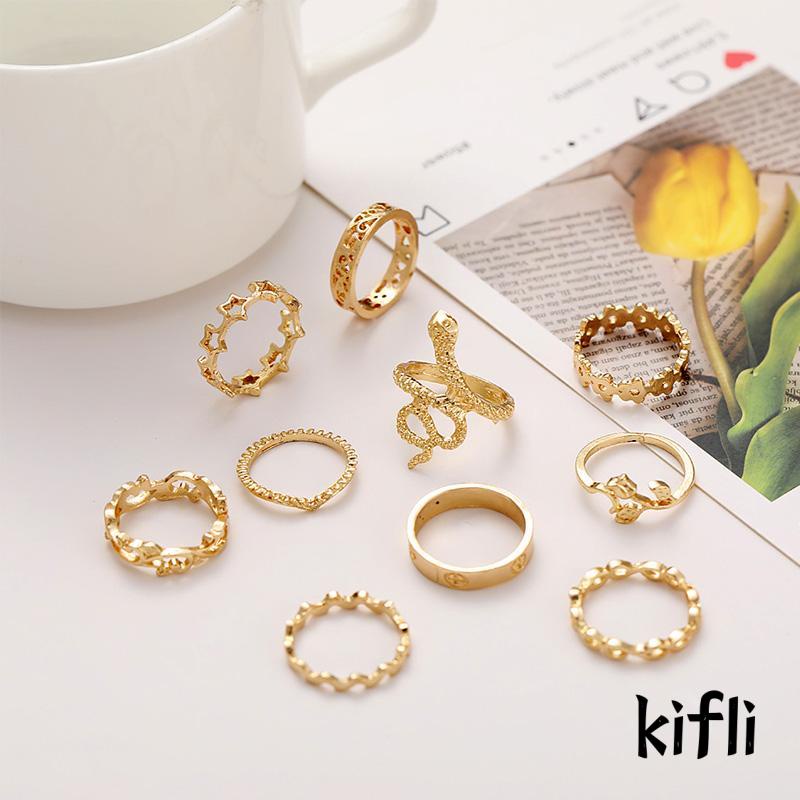 10pcs / Set Cincin Bentuk Ular Pentagram Gaya Simple Kreatif Untuk Wanita