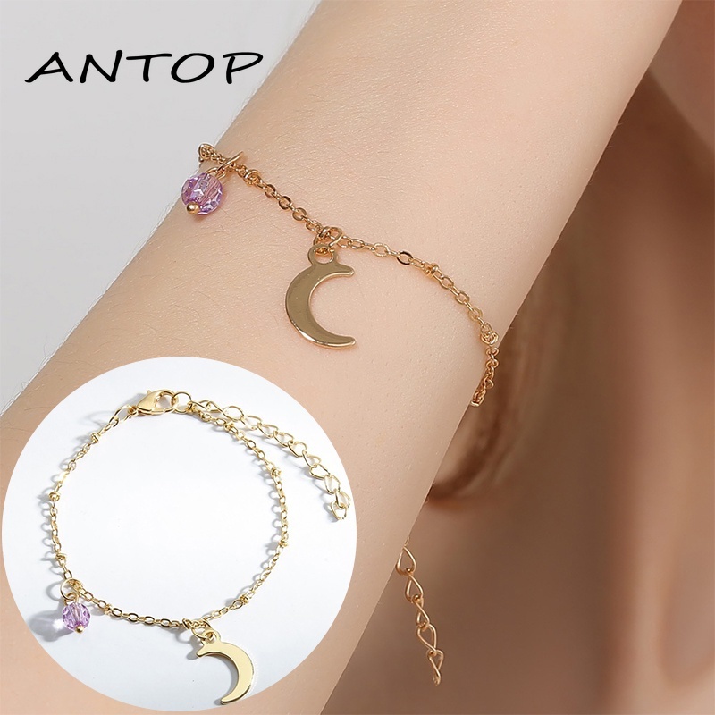 Korea Manis Crystal Ball Moon Liontin Gelang Aksesoris Fashion Wanita ANTOP