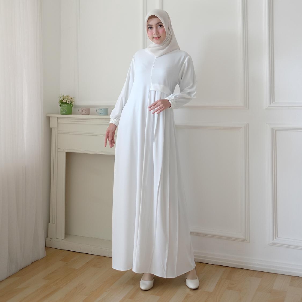Modesee Gamis Putih Polos Variasi Lipit Wanita Muslimah M1153, Gamis Umroh Haji, Gamis Putih