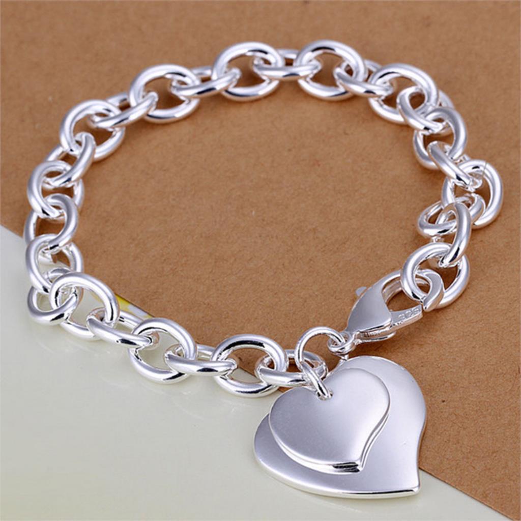 Gelang Desain Hati Ganda Bahan Stainless Steel Warna Silver Gaya Klasik Untuk Wanita