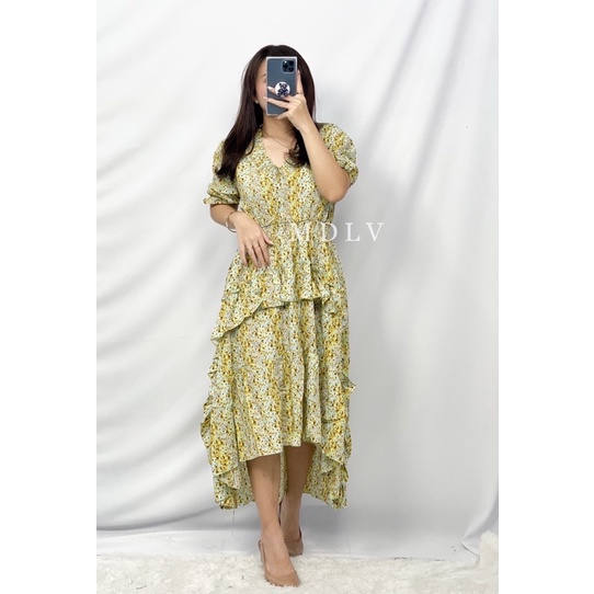 MDLV ~ 12344# Sydney Asymmetric Tiered Dress Long Dress Flower Layer Dress Korea Look Fashion import