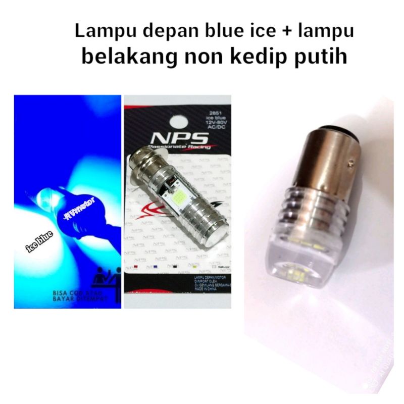 LAMPU MOTOR DEPAN LED BLUE ICE 2 SISI H6  + LAMPU BELAKANG NON KEDIP