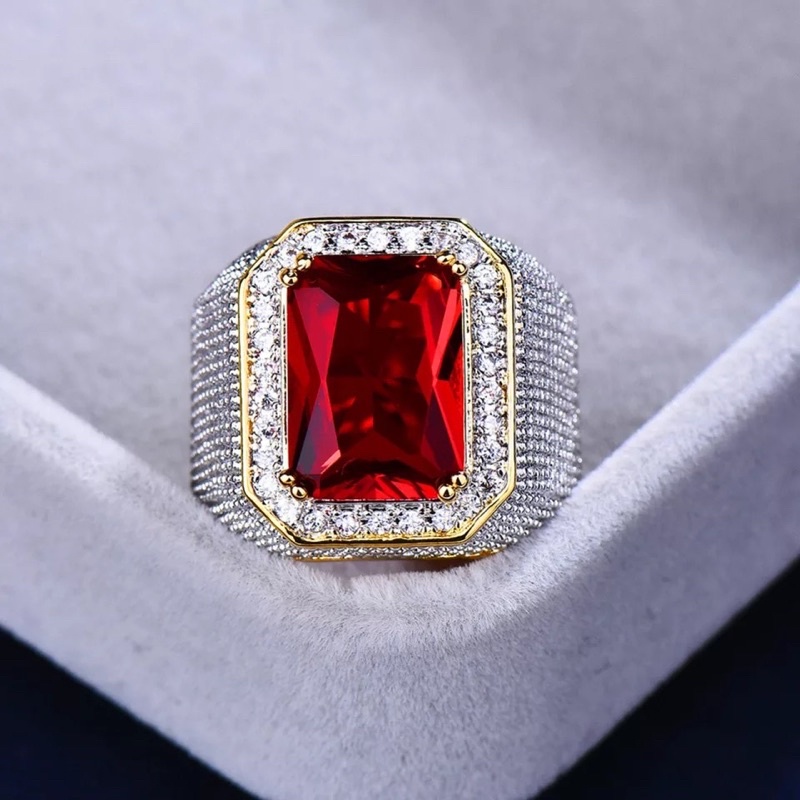 Cincin Pria Mewah Berkelas Batu Akik Red Ruby Cubic Zirconia Ring Gold Platted