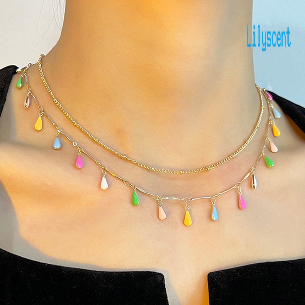 2pcs / Set Kalung Rantai Dengan Liontin Bentuk Tetesan Air Hollow Out Warna-Warni Untuk Wanita