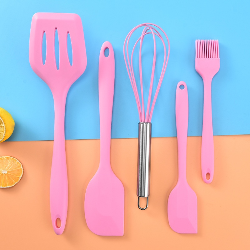 5 Pcs/1 Set Silicone kitchenware set baking Spatula pencampur-Girlish Pink TOTALL