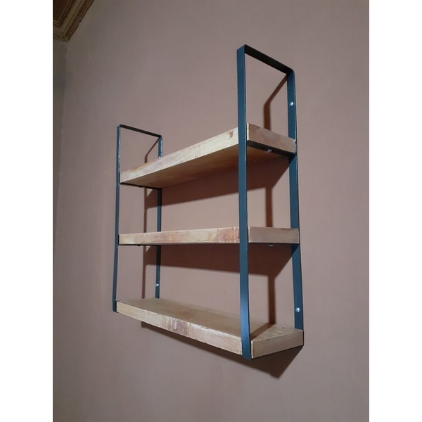 LJ Rak Dinding 3 Ambalan Kayu dan Besi Buku Make Up Hiasan Dekorasi