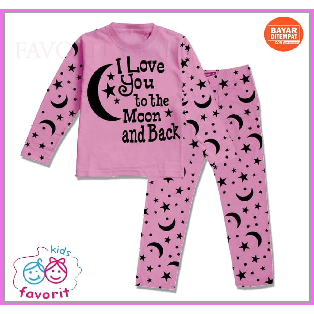 Favorit kids terbaru Baju tidur Piyama anak perempuan Setelan lengan panjang celana panjang gambar tho the moon pink