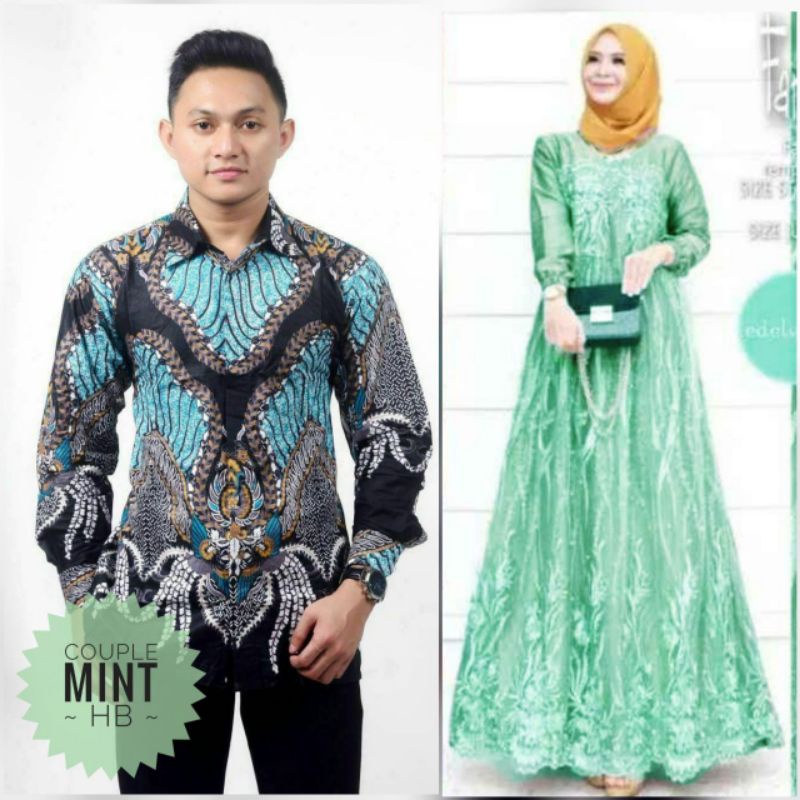 couple baju batik dress brokat tille farasya + kemeja batik lengan panjang warna hijau mint batik sa