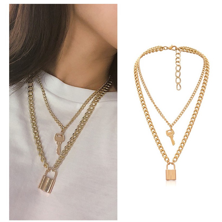 Kalung Rantai Choker GEMBOK KUNCI Korea Fashion Women Gaya Punk Hip Hop Lock Key Wanita Pria Retro