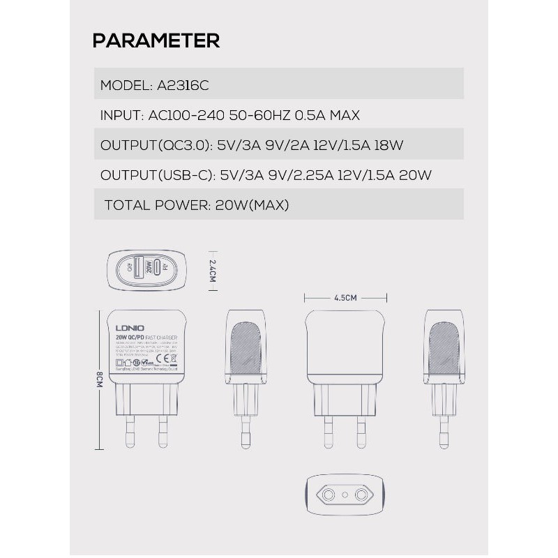 LDNIO A2316C - Dual Port Wall Charger - PD Charge and QC3.0 - 20W Max - Travel Charger Smartphone Tablet dengan Port Lightning