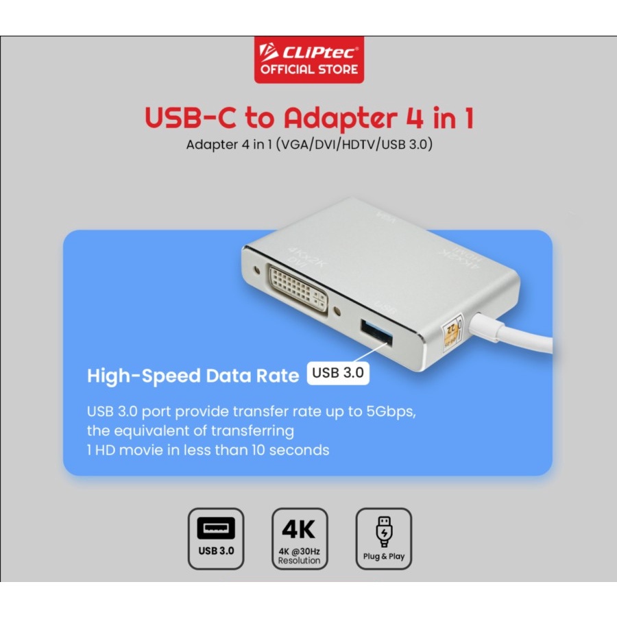 Converter CLIPtec USB-C to 4 in 1 (VGA + DVI + HDTV + USB)