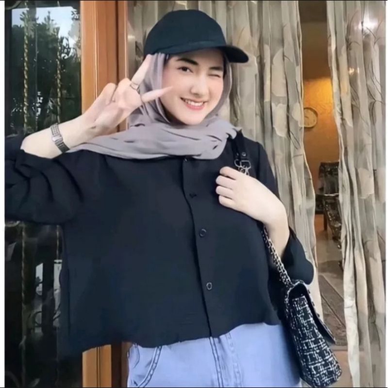 Kemeja Wanita Crop top Crinkle Terbaru Kekinian Lengan Panjang Jumbo Size M L XL XXL XXXL