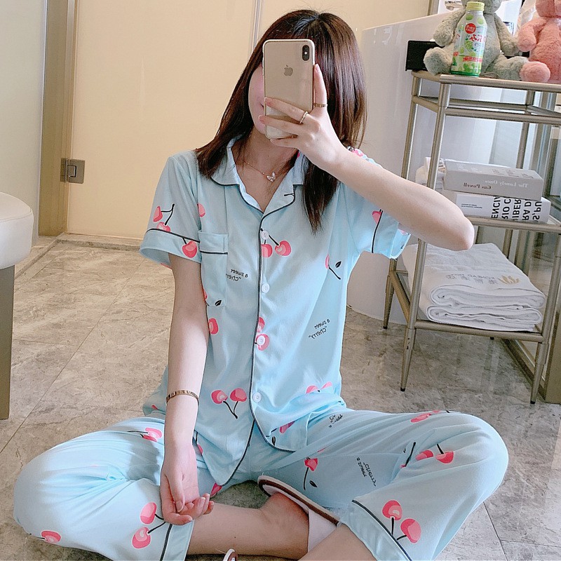 BAJU TIDUR PIYAMA SET KEMEJA CP LENGAN PENDEK CELANA PANJANG IMPORT PREMIUM BANYAK MOTIF PART 2-Cherry Blue