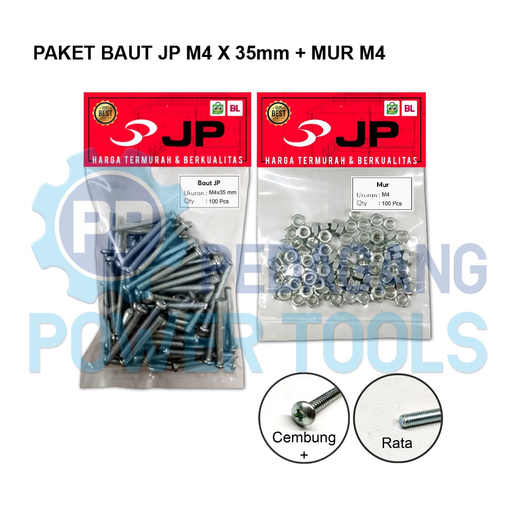 PAKET 2 SET BAUT MUR 4x35 BAUT JP M 4 x 35 MM MUR M4 SKRUP ISI 100 PCS