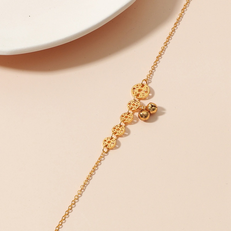 Chinese Style Copper Coin And Bead Bell Anklet For Women And Girls Stainless Steel Gold Rose Gold Color Anklet Length 20+6cm