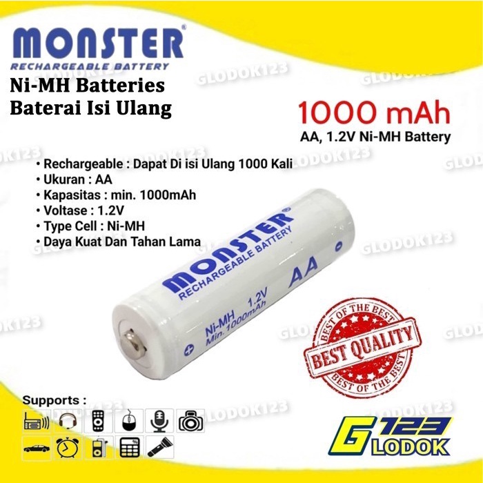 Batre Baterai AA 1000mAh Rechargeable 1.2V MONSTER