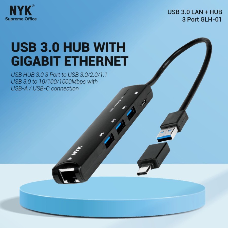 USB to LAN NYK GLH-01 + USB HUB 3 Port 3.0 with OTG Type C