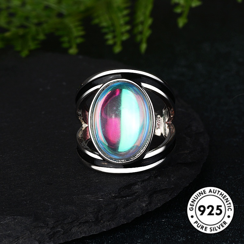 Cincin S925 Silver Aksen Batu Bulan Warna-Warni Gaya Retro