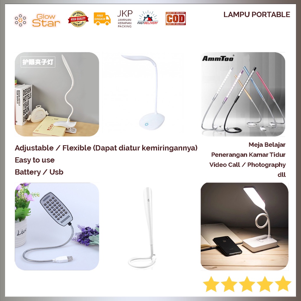 Lampu Meja Belajar Desk Lamp USB / Battery LED USB Flexible, Tidur Malam , Laptop, Kamar, Penerangan