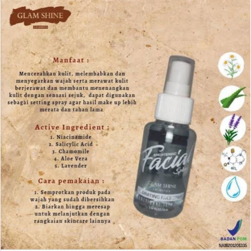 FACIAL SPRAY GLAMSHINE/FACIAL SPRAY BPOM/FACIAL SPRAY PENCERAH PELEMBAB WAJAH/PELEMBAB KULIT TERBAIK
