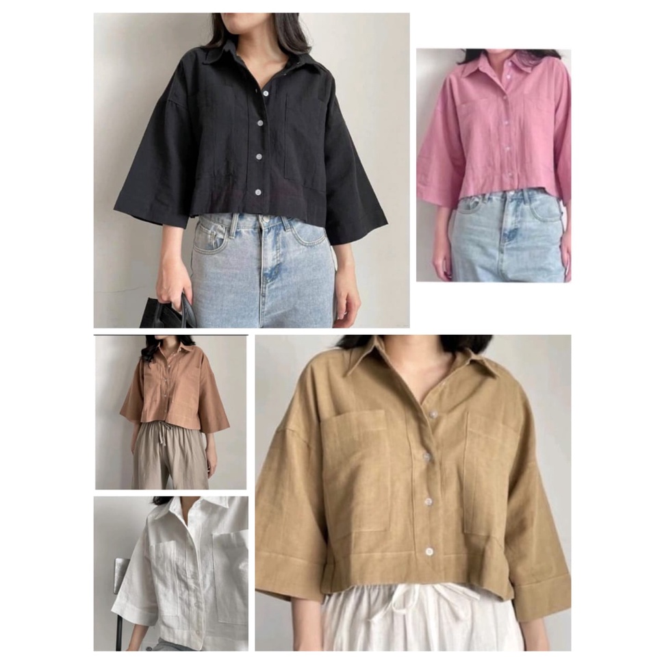 QR - ZEC Kem Linen  Crop Polos Pocket / Welco Kemeja Crop Linen Pocket / Hem Wanita / Atasan Wanita 