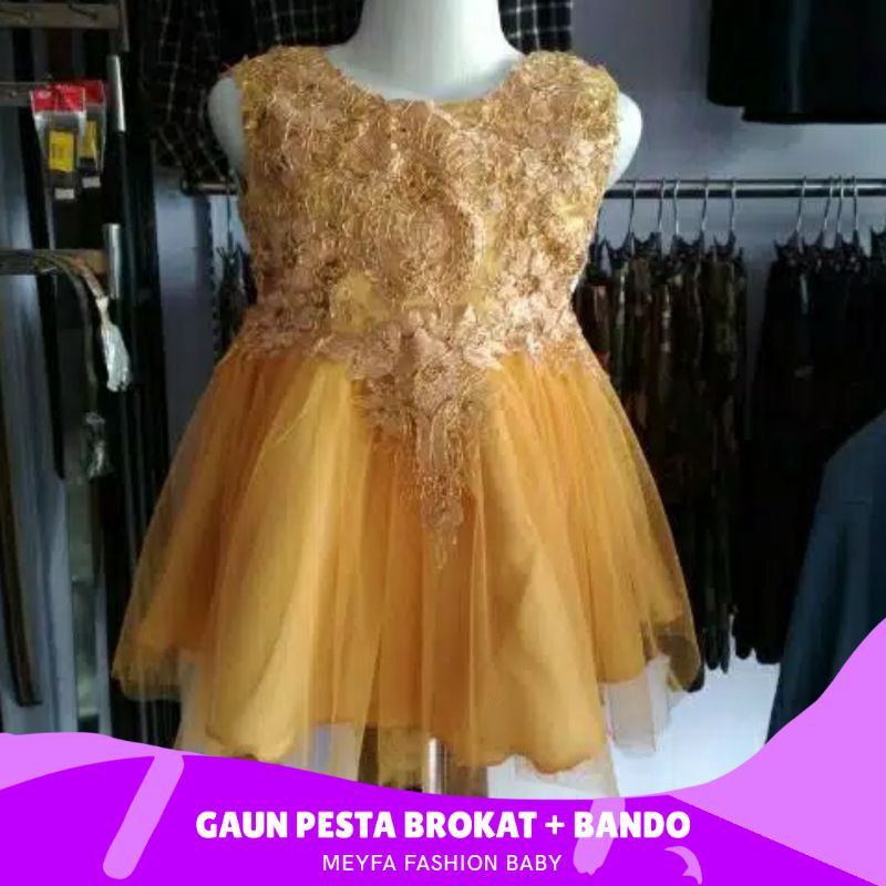 Gaun Pesta Anak Brokat Gold + Bando